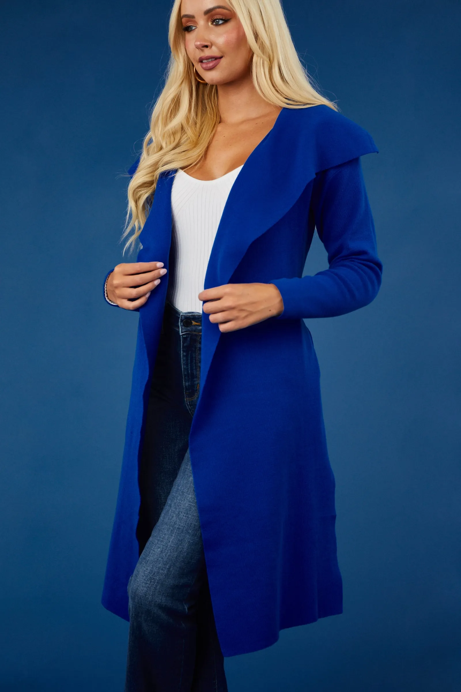 Luna Cobalt Open Waist Tie Ribbed Knit Coat