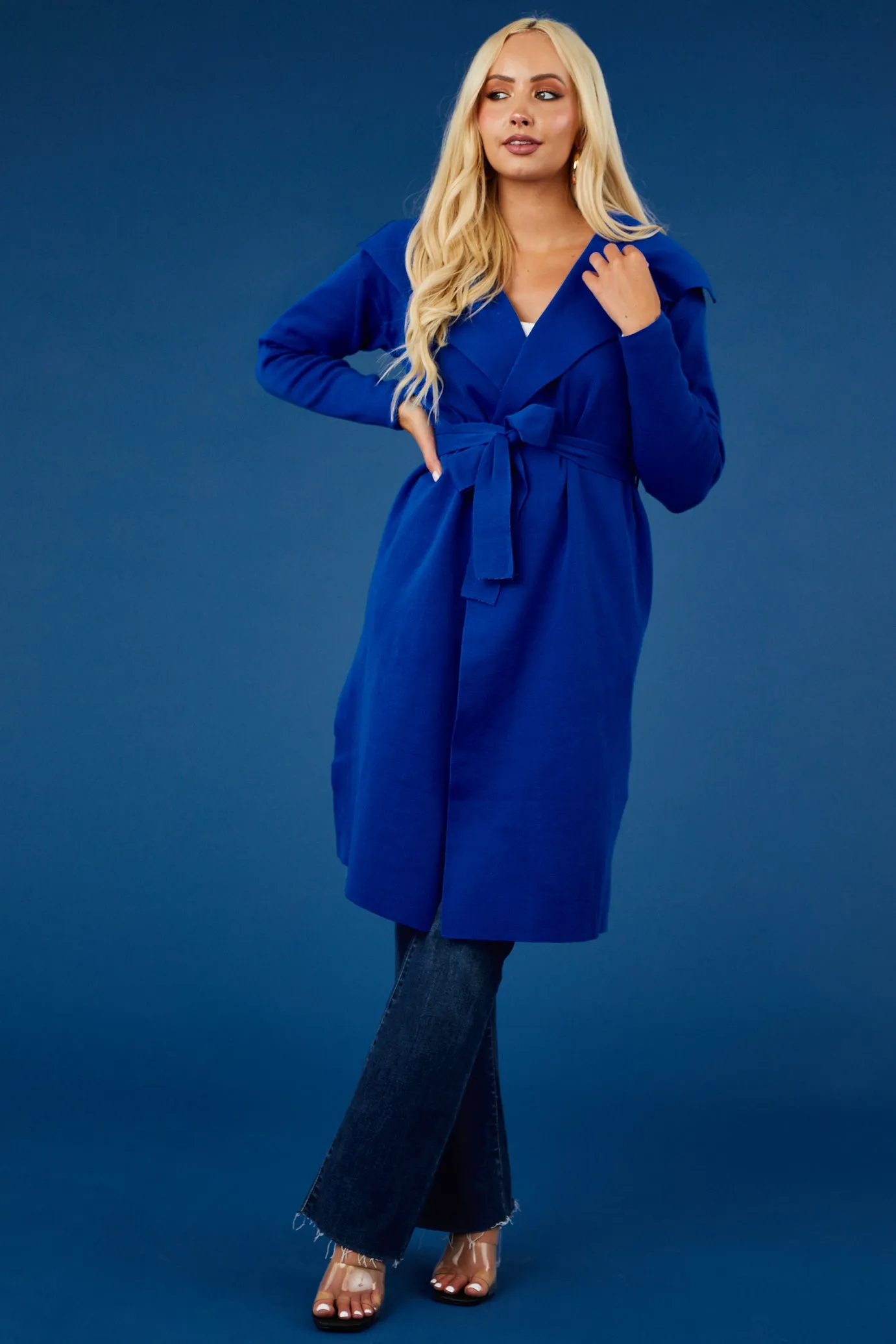 Luna Cobalt Open Waist Tie Ribbed Knit Coat