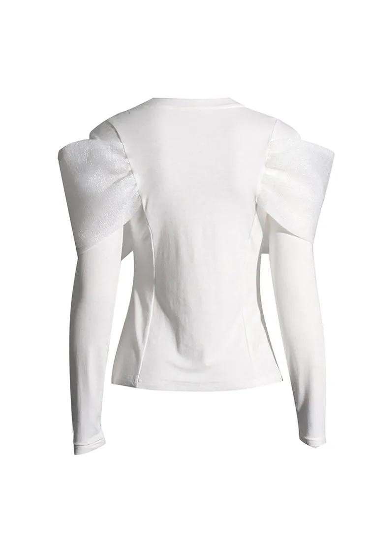 Luxurious Crinkled Big Knot Round Neck Long Sleeve Slim Fit T Shirt