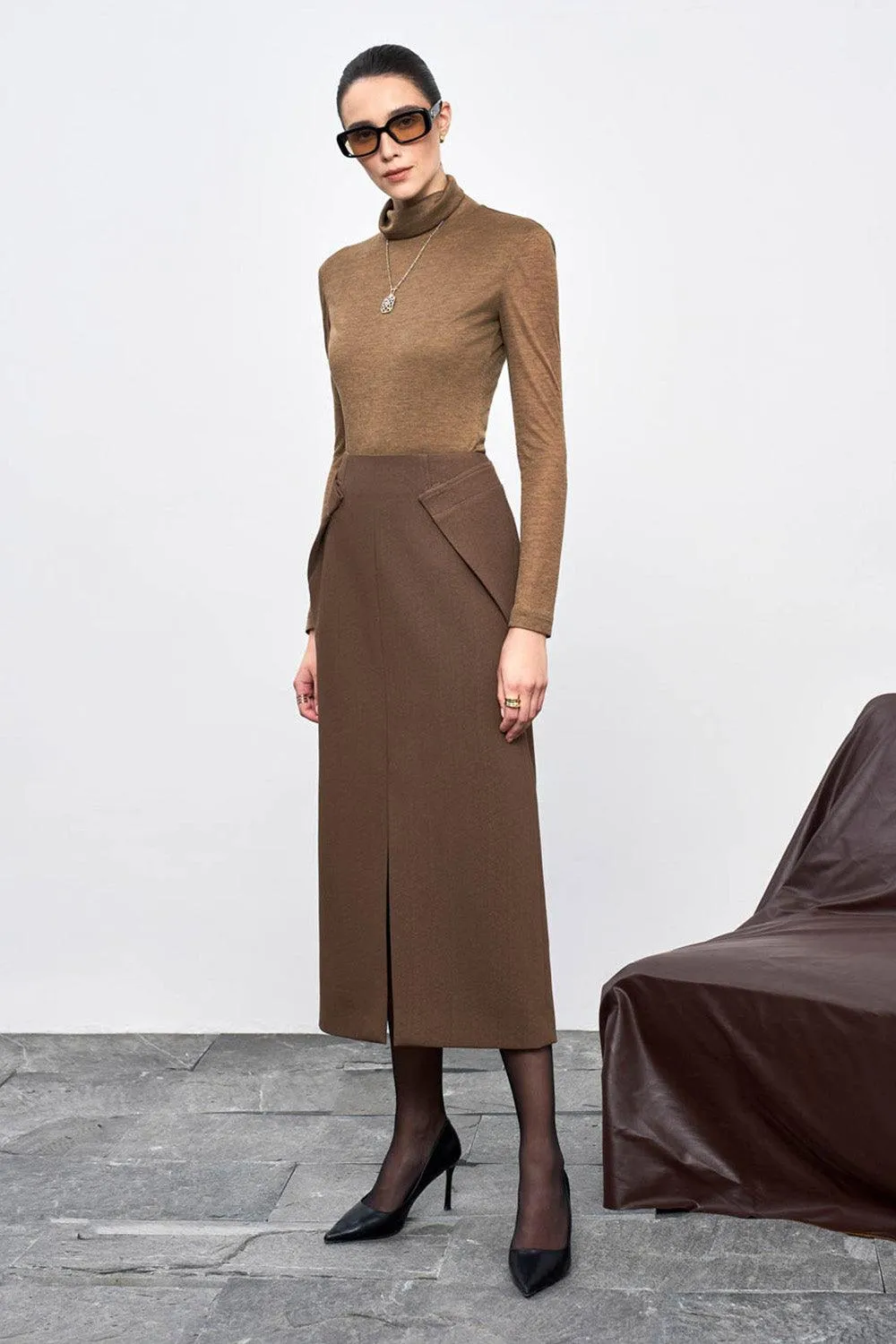 Lyra Straight Front Slit Crepe Midi Skirt