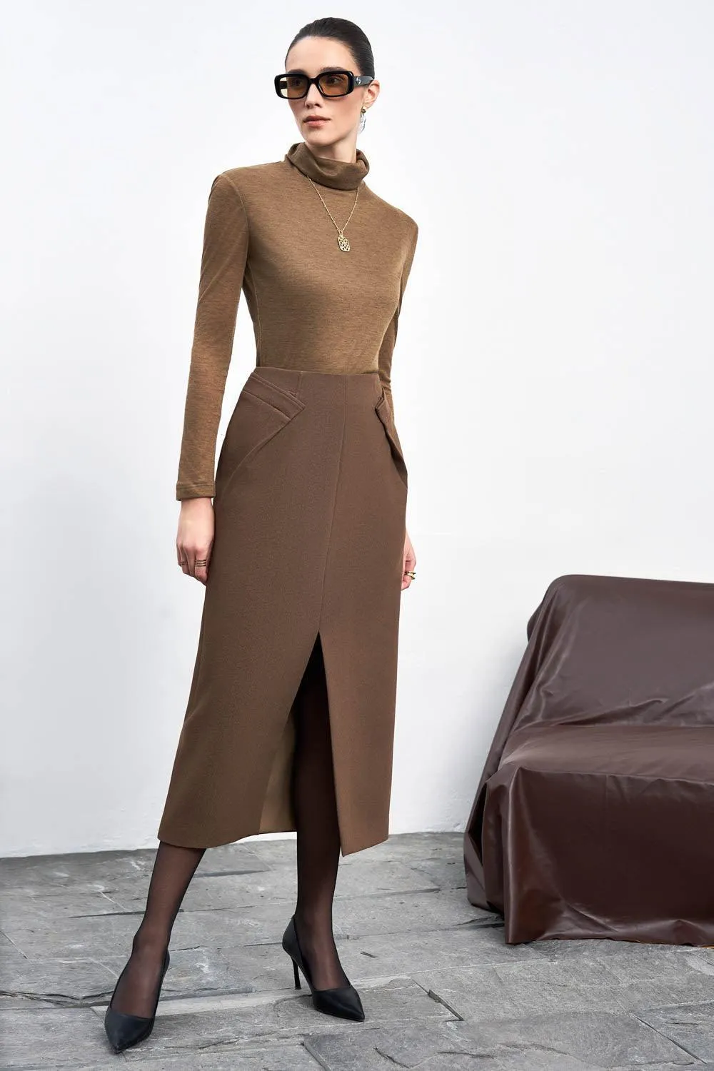 Lyra Straight Front Slit Crepe Midi Skirt