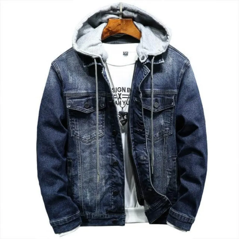 Men Black/blue Hooded Jean Jacket