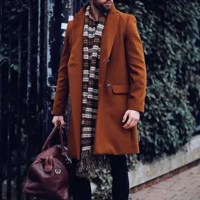 Men'S Fashion Brown Double Breasted Midi Coat