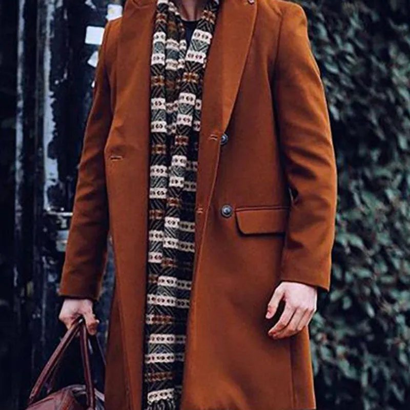 Men'S Fashion Brown Double Breasted Midi Coat