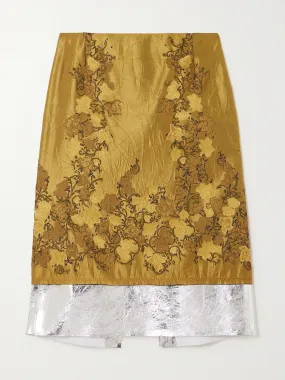 Metallic leather-trimmed floral brocade midi skirt