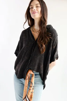 Mineral Washed Black Short Sleeve Blouse