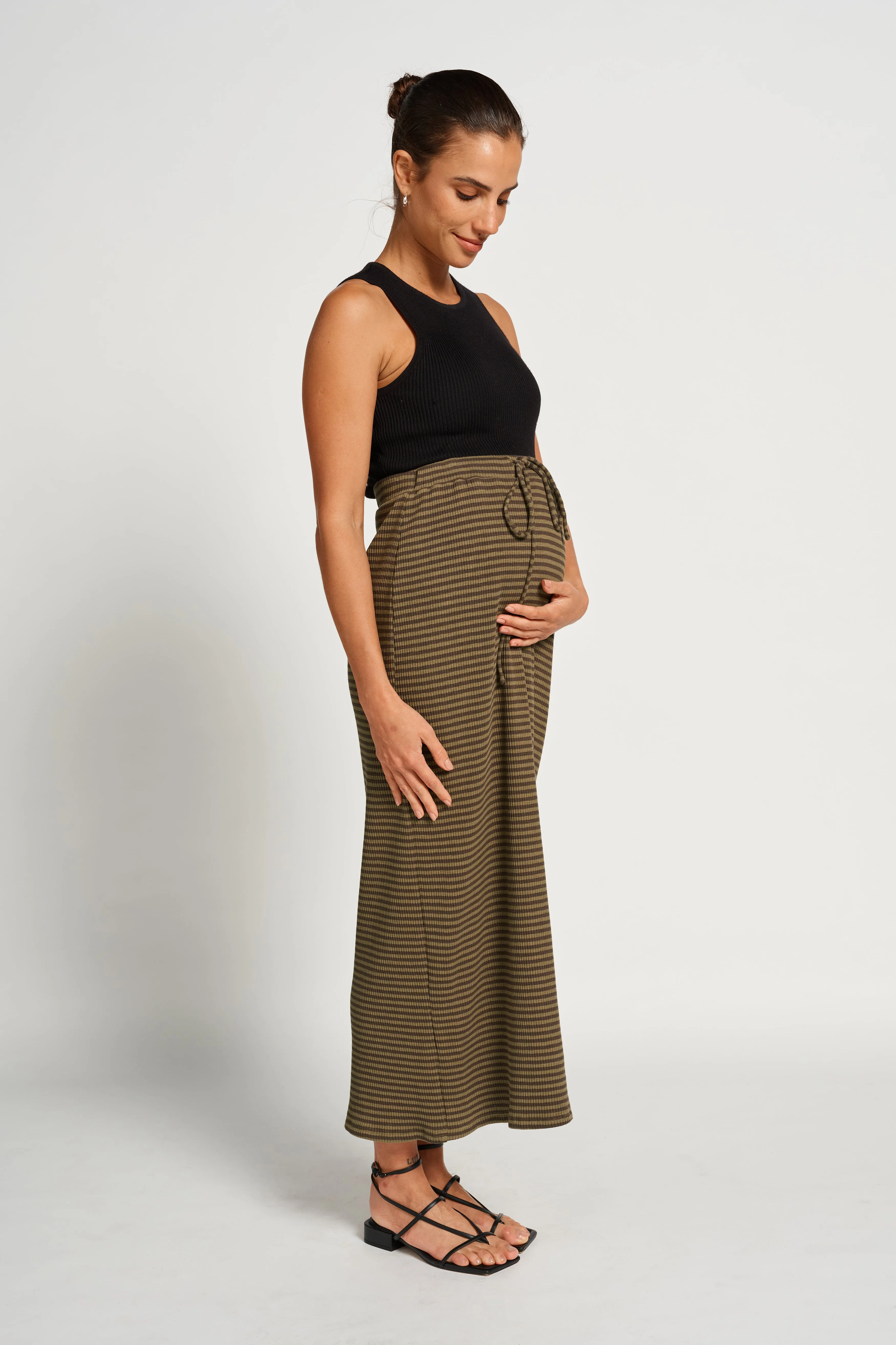 Moss Ribbed Column Midi Skirt - Forest Green Stripe