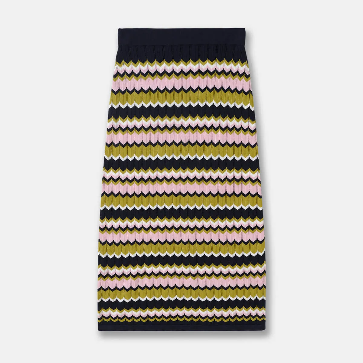 Multicolored Chevron Stripe High Waist Pointelle Knit Pencil Midi Skirt