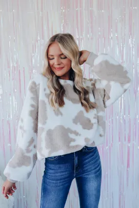 Nellie Cow Print Faux Fur Pullover - Ivory/Taupe