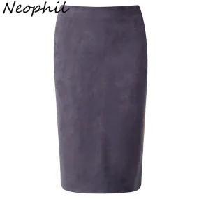 Neophil 2017 Winter Gray Pink Women Suede Midi Pencil Skirts Causal High Waist Sexy Stretch Ladies Office Work Wear Saia S1009