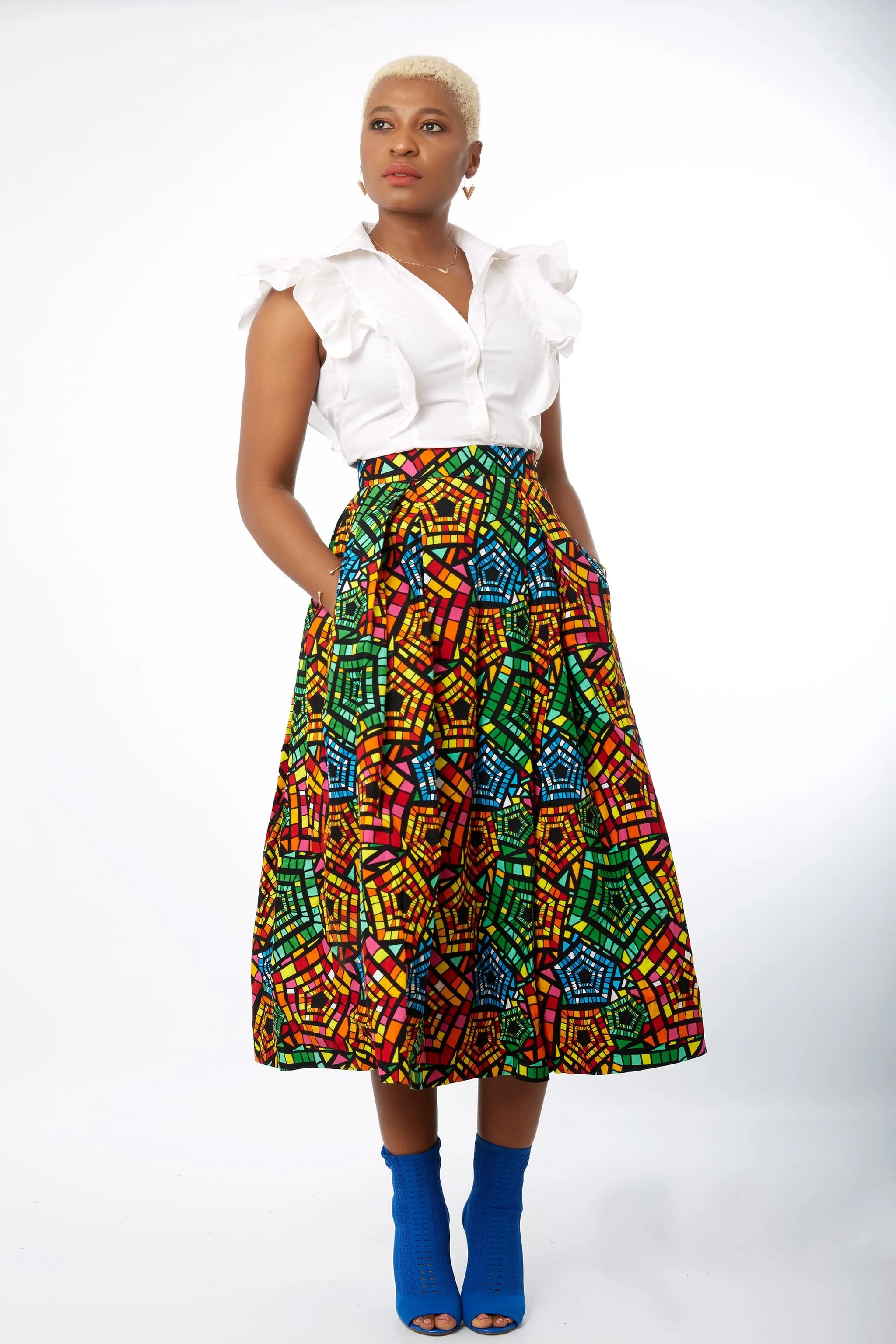 New in African Print Box Pleat Midi Skirt