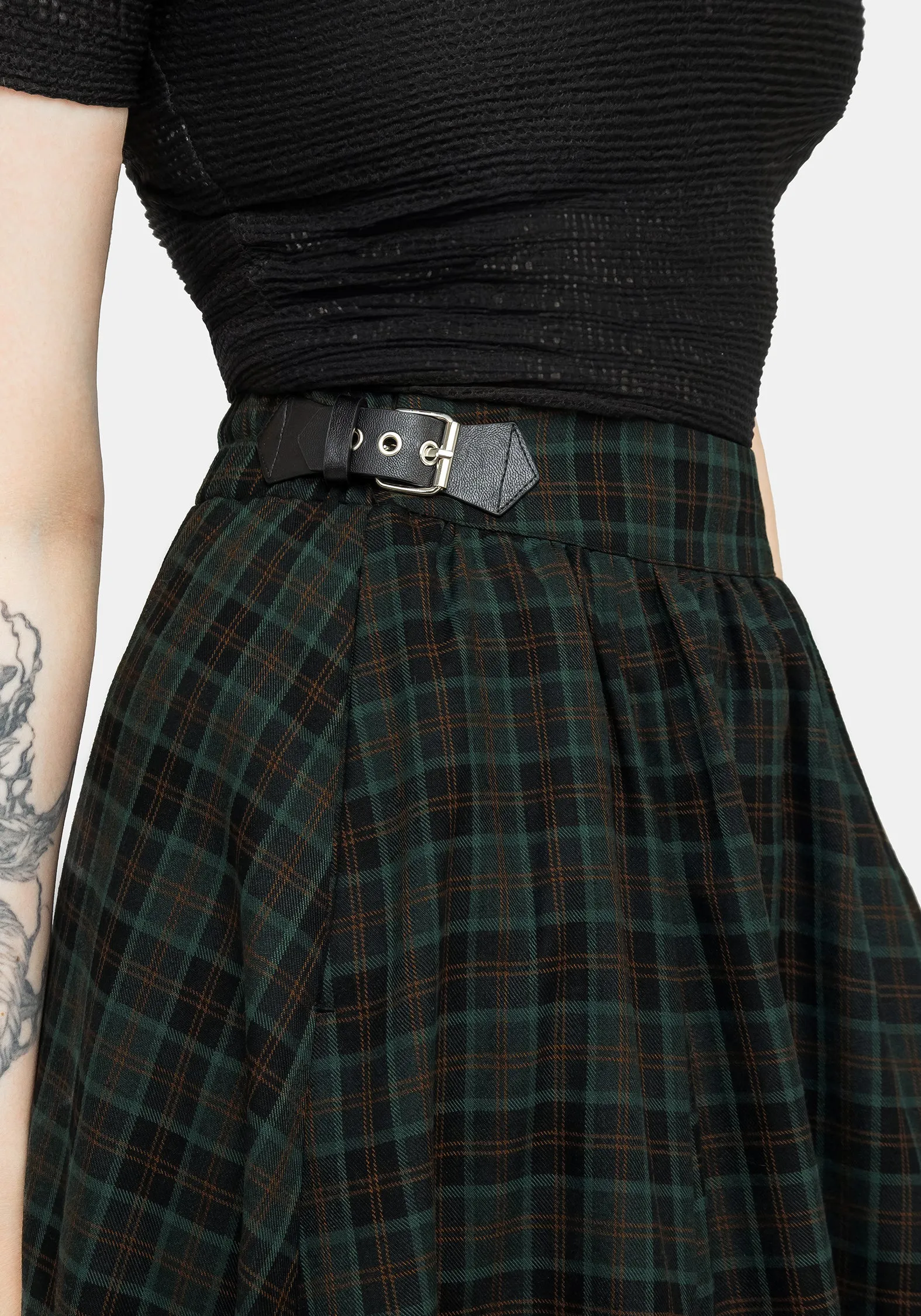 Nightingale Buckled Check Midi Skirt