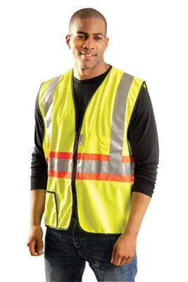 OccuNomix 3X Hi-Viz Yellow OccuLux Premium Light Weight Solid Polyester Tricot Class 2 Two-Tone Expandable Traffic Vest With Front Zipper Closure And 3M Scotchlite 2" Reflective Tape Backed