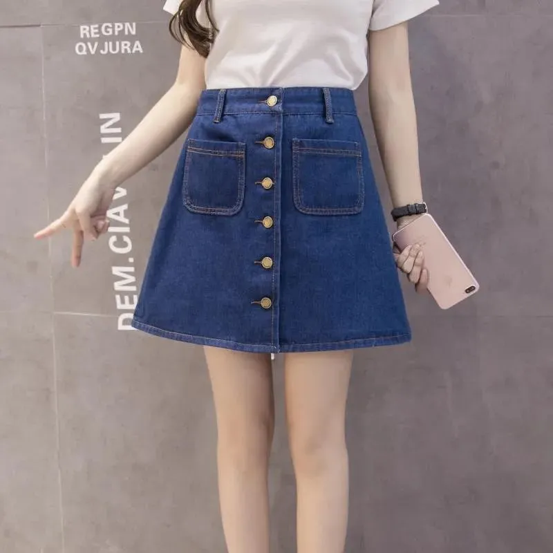 On sale 2018 summer Womens ladies A-line Skirt Pencil denim High Waist jeans harajuku pockets Skirt black white high quality