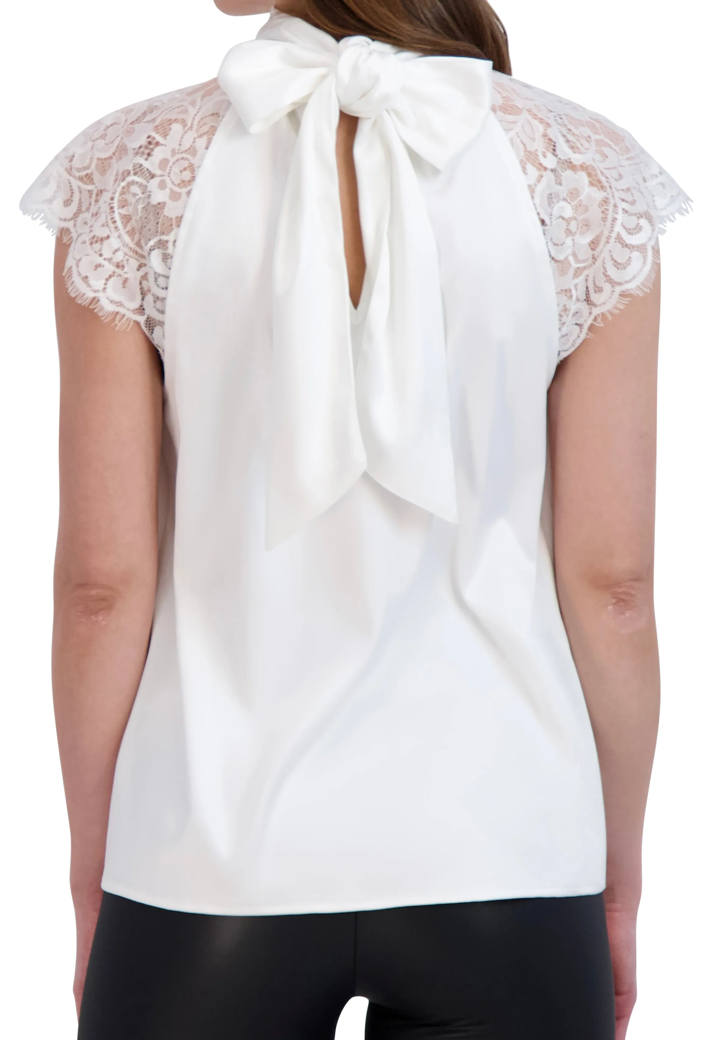 Ookie & Lala Sleeveless satin, tie back turtleneck with lace trim