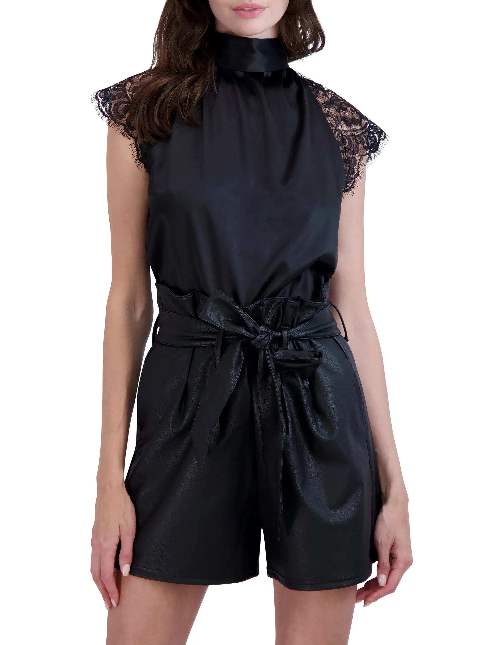 Ookie & Lala Sleeveless Satin Turtleneck with Lace Trim