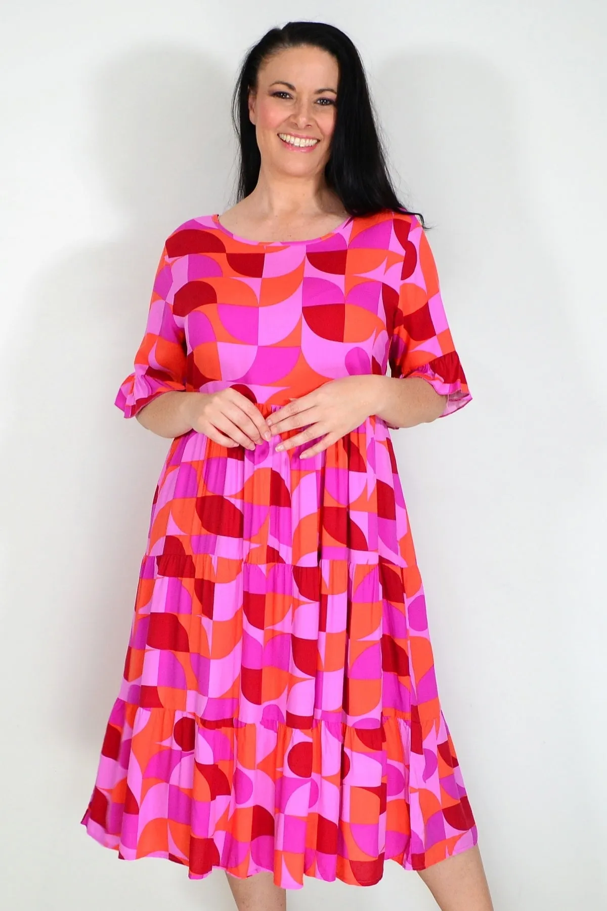 Orange Purple Geometric Midi Dress