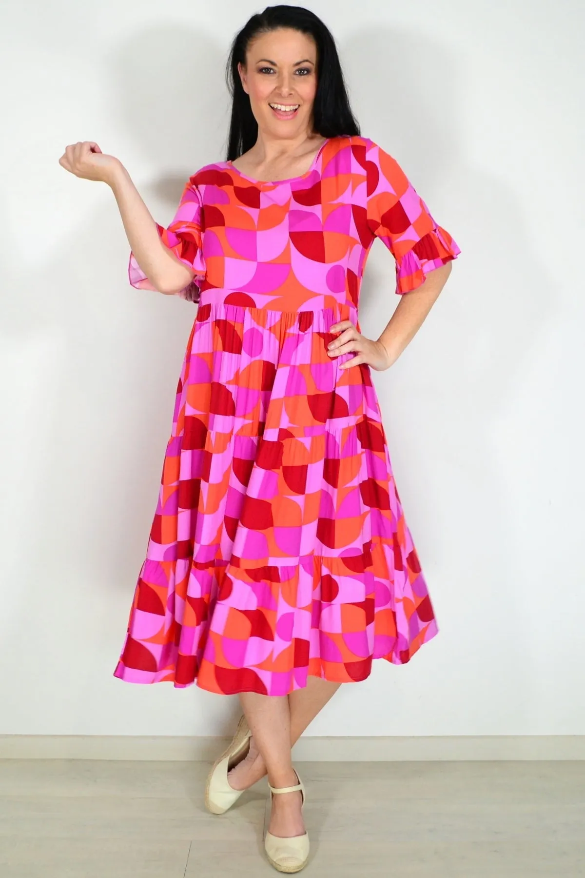 Orange Purple Geometric Midi Dress