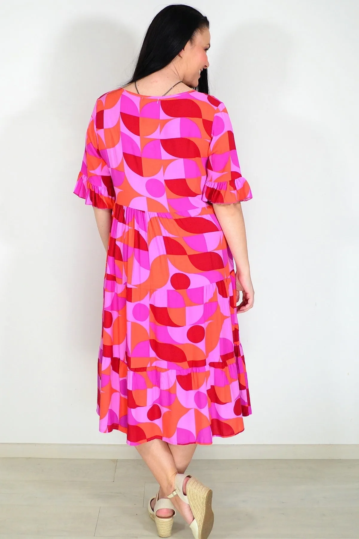 Orange Purple Geometric Midi Dress