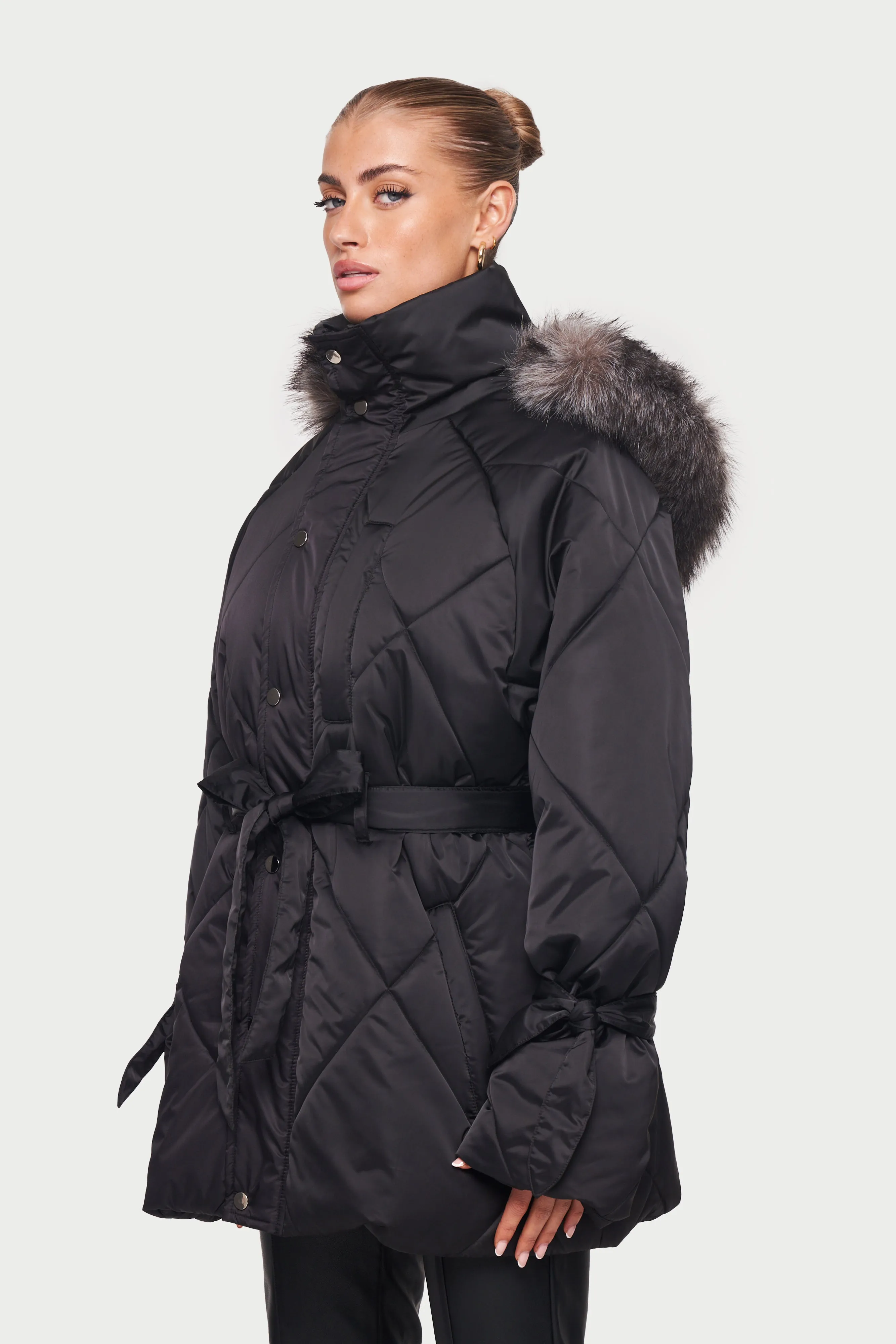 OVERSIZE FUR HOODED PARKA JACKET - BLACK *