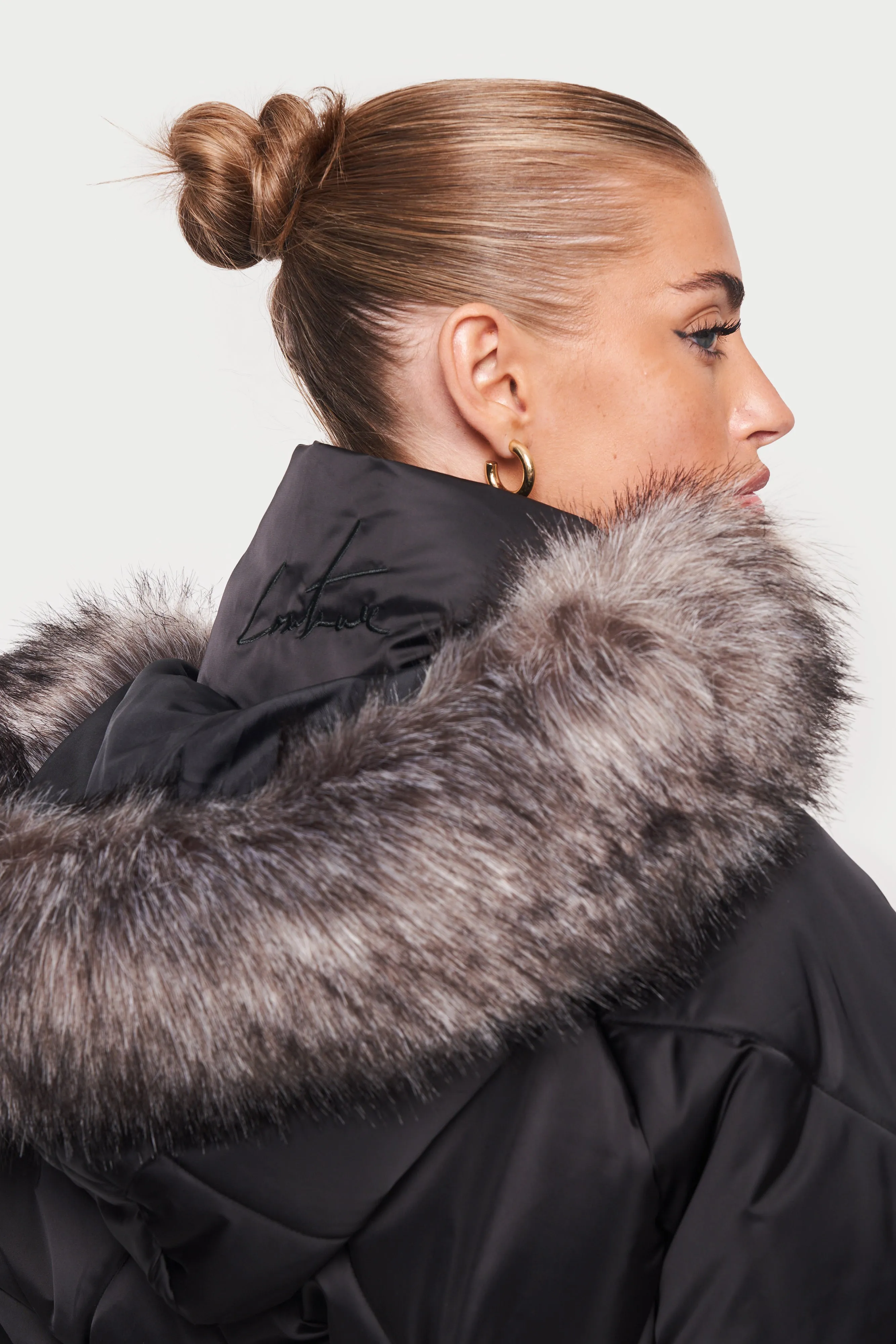 OVERSIZE FUR HOODED PARKA JACKET - BLACK *