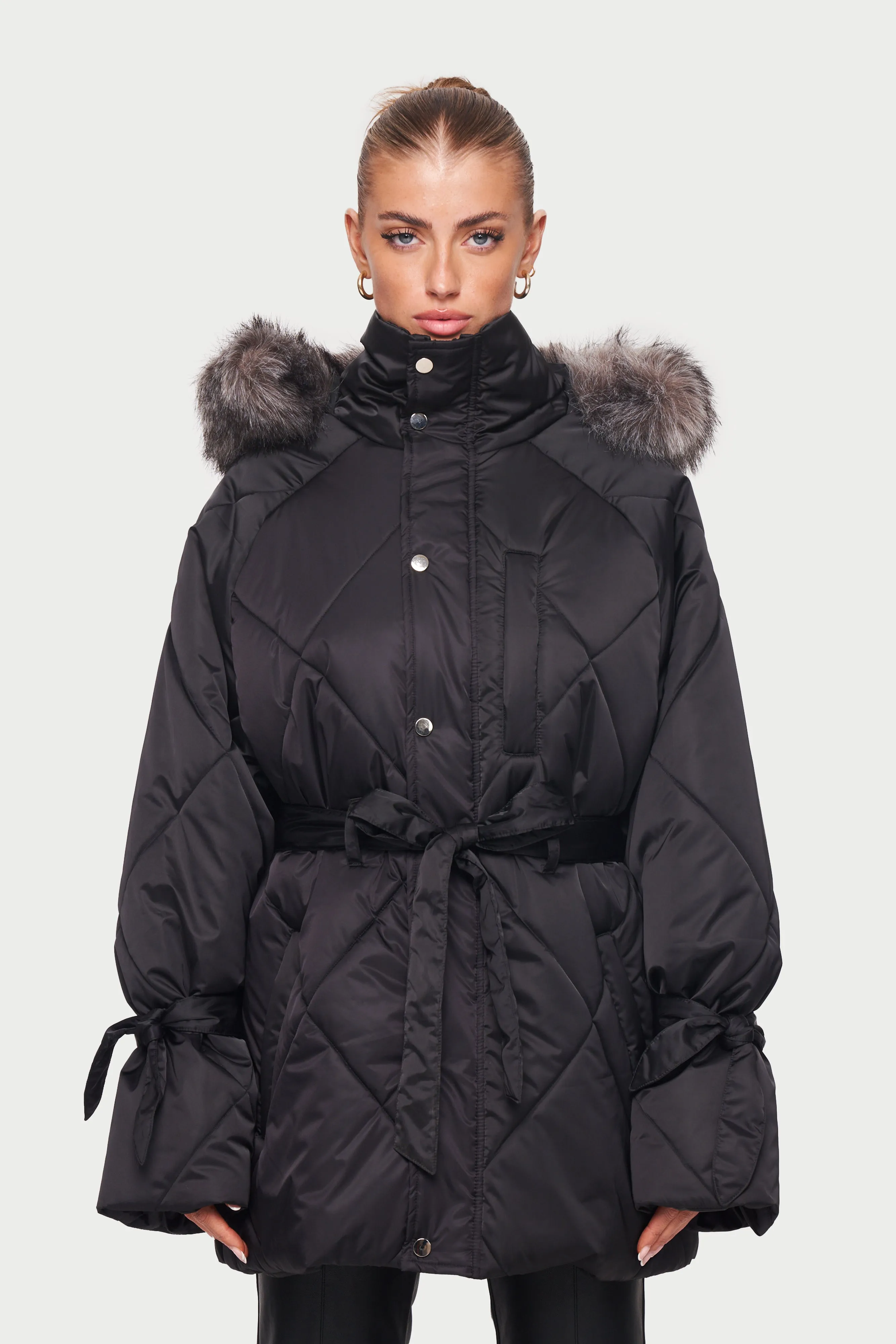 OVERSIZE FUR HOODED PARKA JACKET - BLACK *