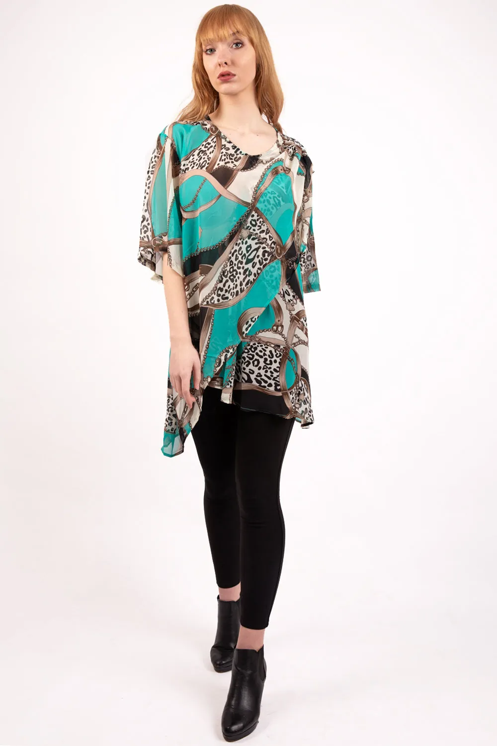 Oversized Chiffon Leopard And Chain Print Contrast Top