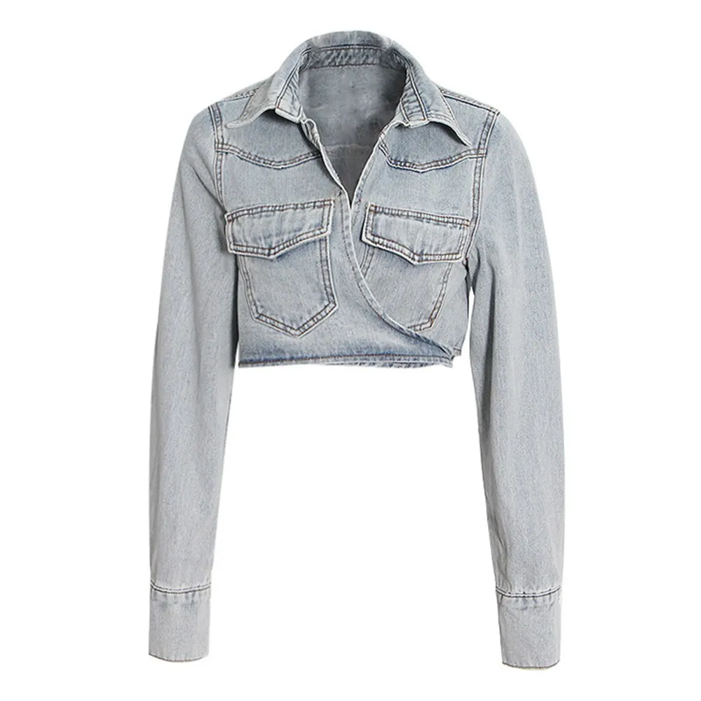 Patchwork Lace Up Denim Jackets For Women V Neck Long Sleeve Spliced Pockets Casual Jacket Female Fashion Clothes