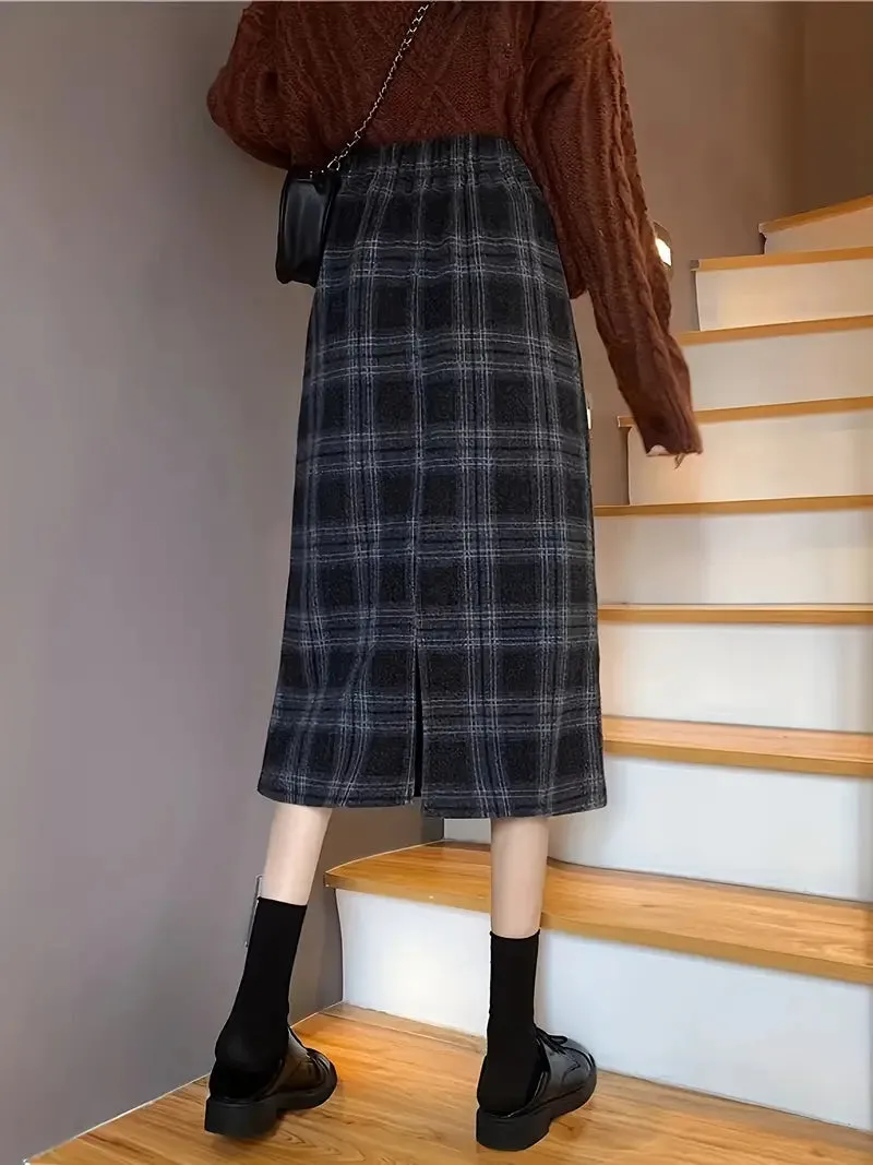 Plaid Print High Waist Wool Casual Split Midi Skirt