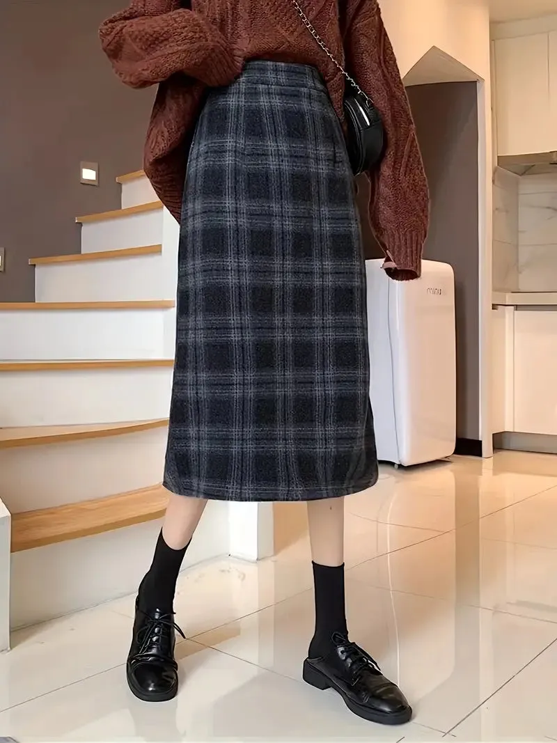 Plaid Print High Waist Wool Casual Split Midi Skirt