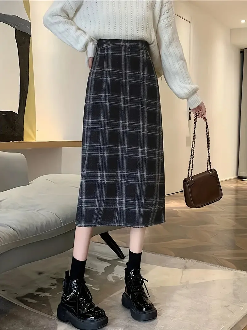 Plaid Print High Waist Wool Casual Split Midi Skirt