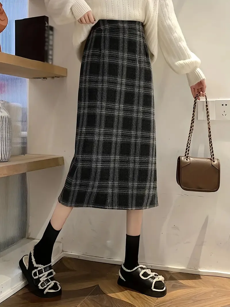 Plaid Print High Waist Wool Casual Split Midi Skirt