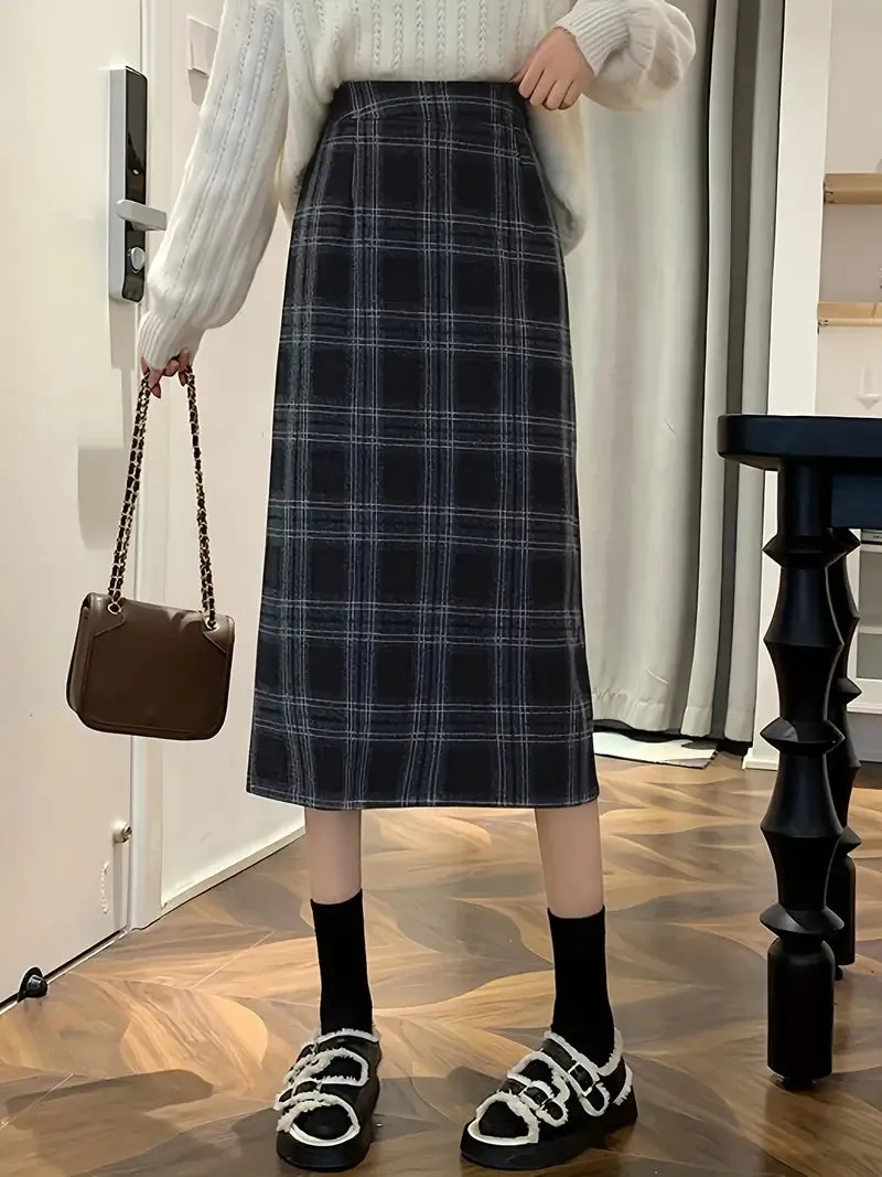 Plaid Print High Waist Wool Casual Split Midi Skirt