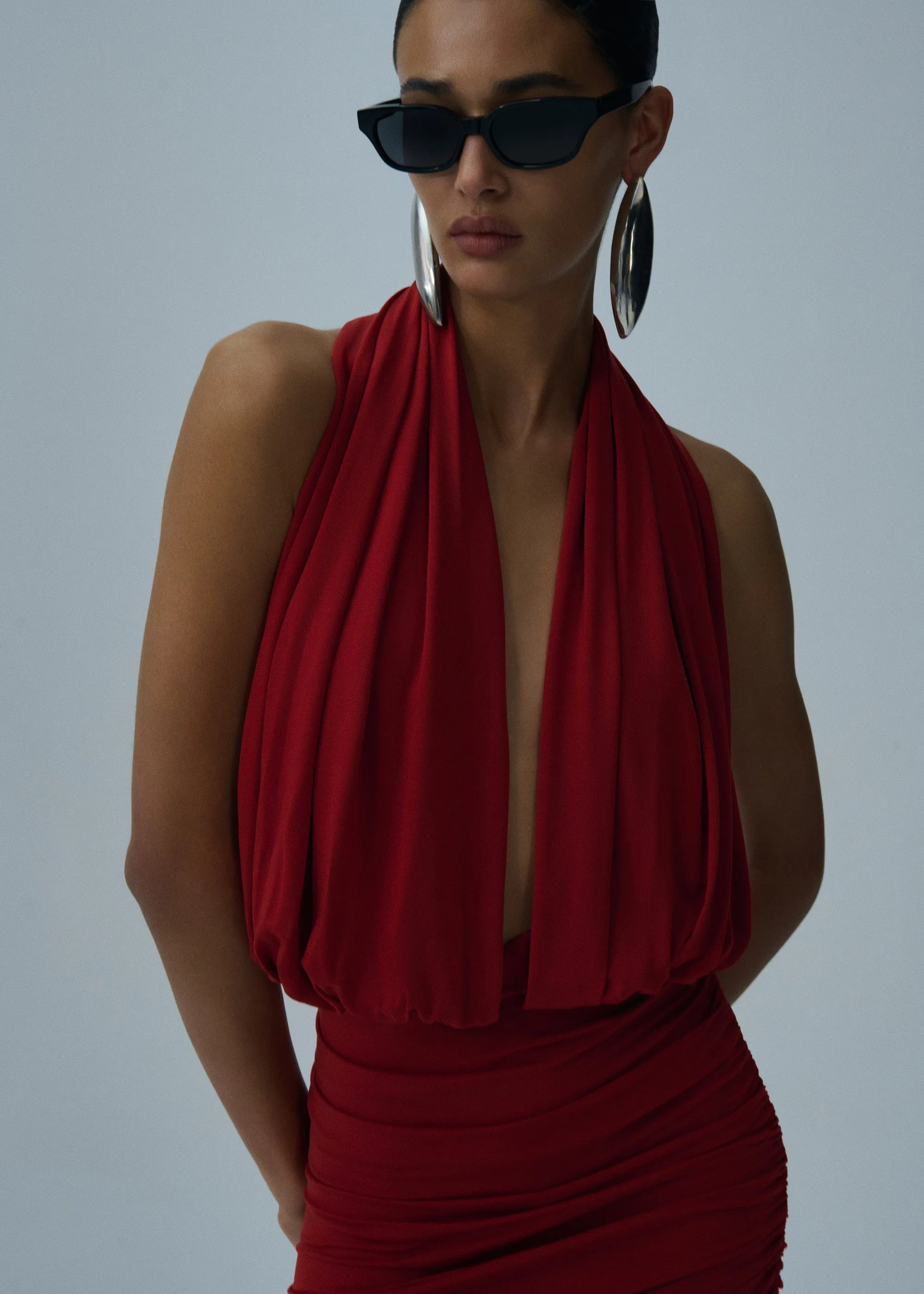 Plunge halter jersey midi dress in red