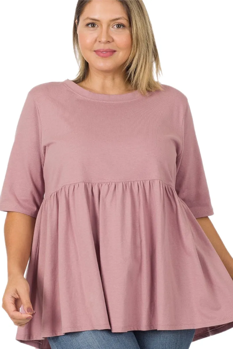 Plus Half Sleeve Empire Waist Shirring Top in Light Rose Style 4614X