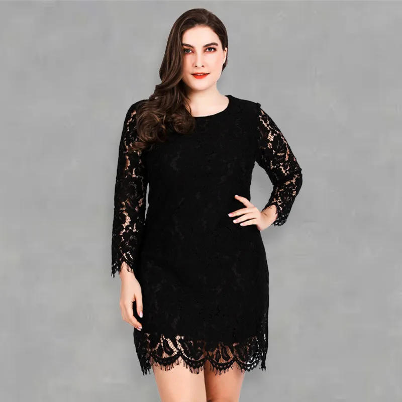 Plus  size lace dress women's round neck hook flower hollow long-sleeved sexy skirt pencil skirt