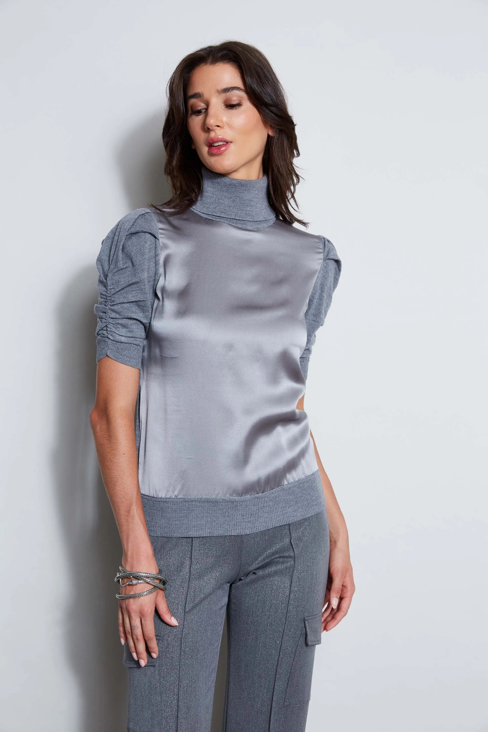 Puff Sleeve Satin Front Sweater