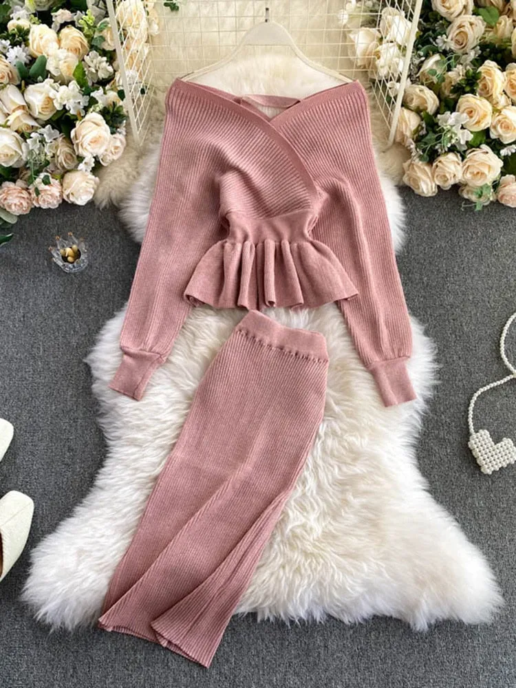 Purpdrank - 2023 Women Korean New Style Cross V-neck Puff Sleeve Short Waist Top   Elastic High Waist Pleated Skirt Knitting Two Piece