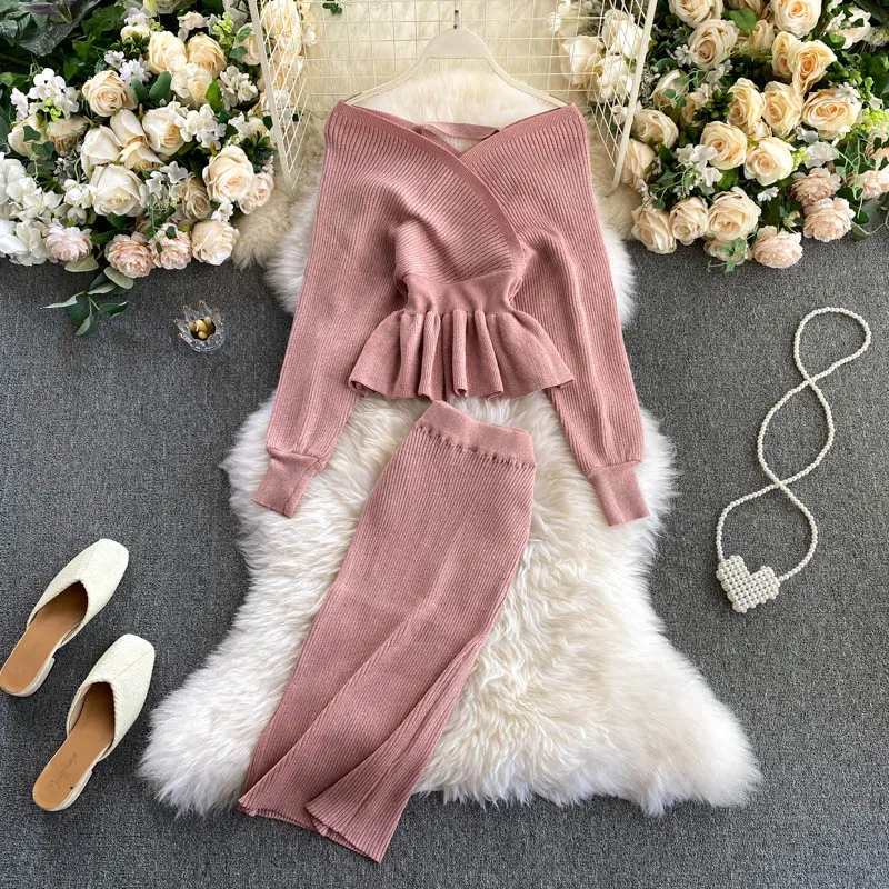 Purpdrank - 2023 Women Korean New Style Cross V-neck Puff Sleeve Short Waist Top   Elastic High Waist Pleated Skirt Knitting Two Piece