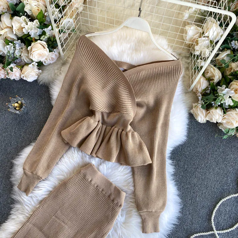 Purpdrank - 2023 Women Korean New Style Cross V-neck Puff Sleeve Short Waist Top   Elastic High Waist Pleated Skirt Knitting Two Piece