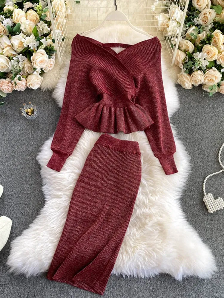 Purpdrank - 2023 Women Korean New Style Cross V-neck Puff Sleeve Short Waist Top   Elastic High Waist Pleated Skirt Knitting Two Piece