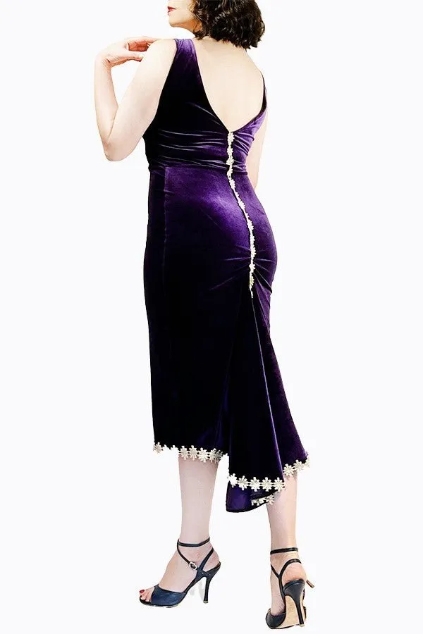 purple velvet & gold flowers LUNA tango dress with tail