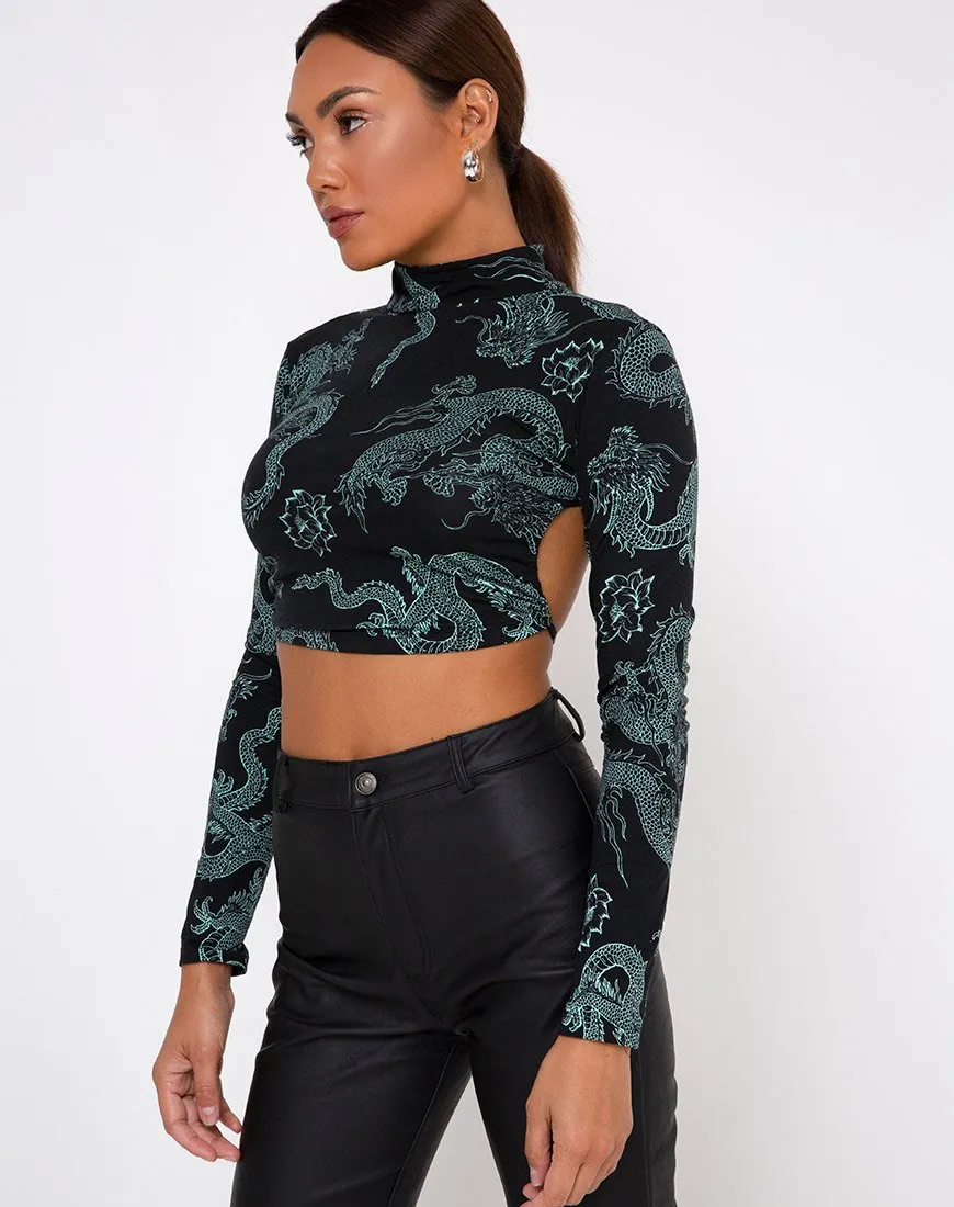 Quelia Top in Dragon Flower Black and Mint