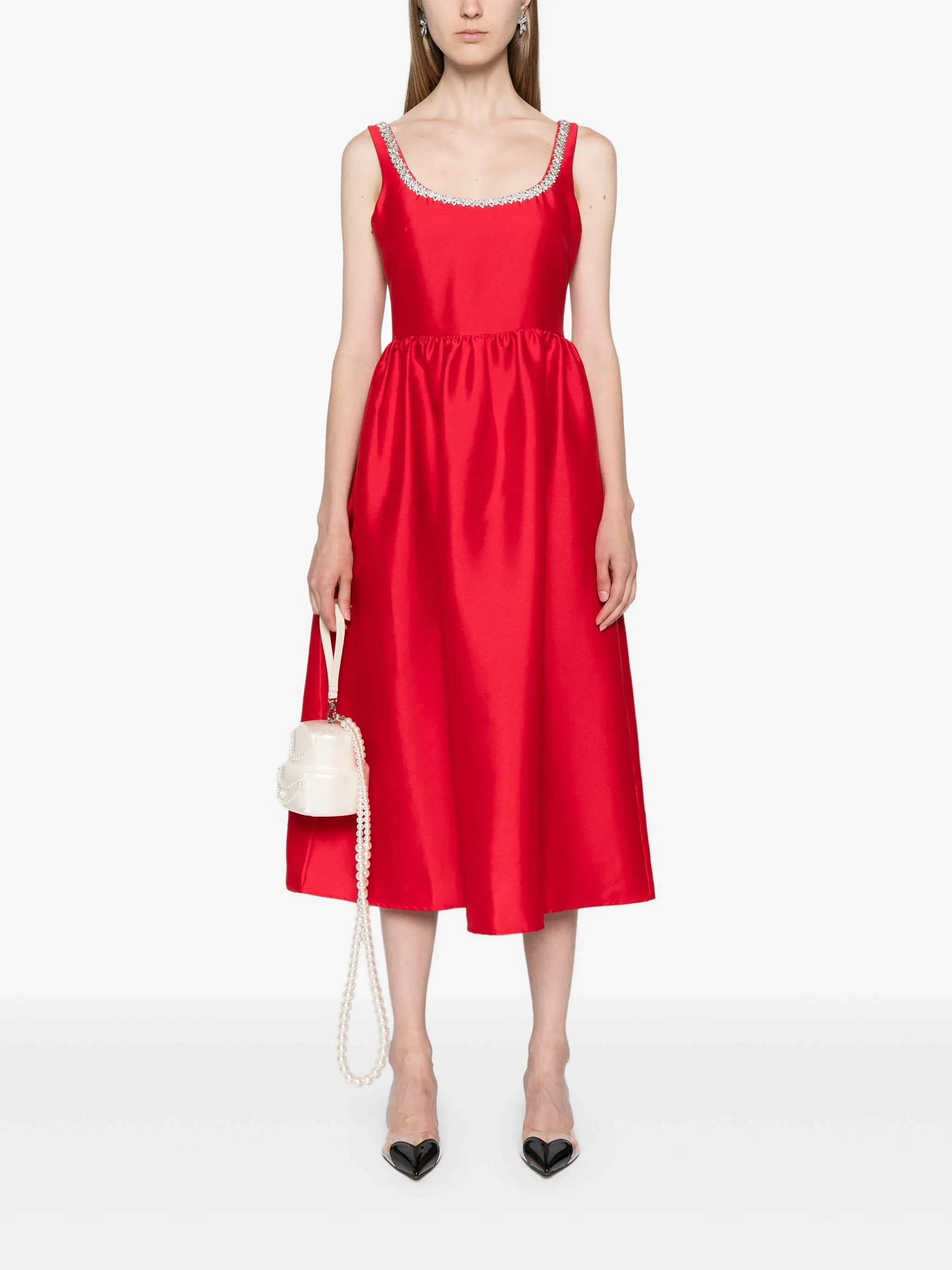 Red Taffeta Diamante Midi Dress