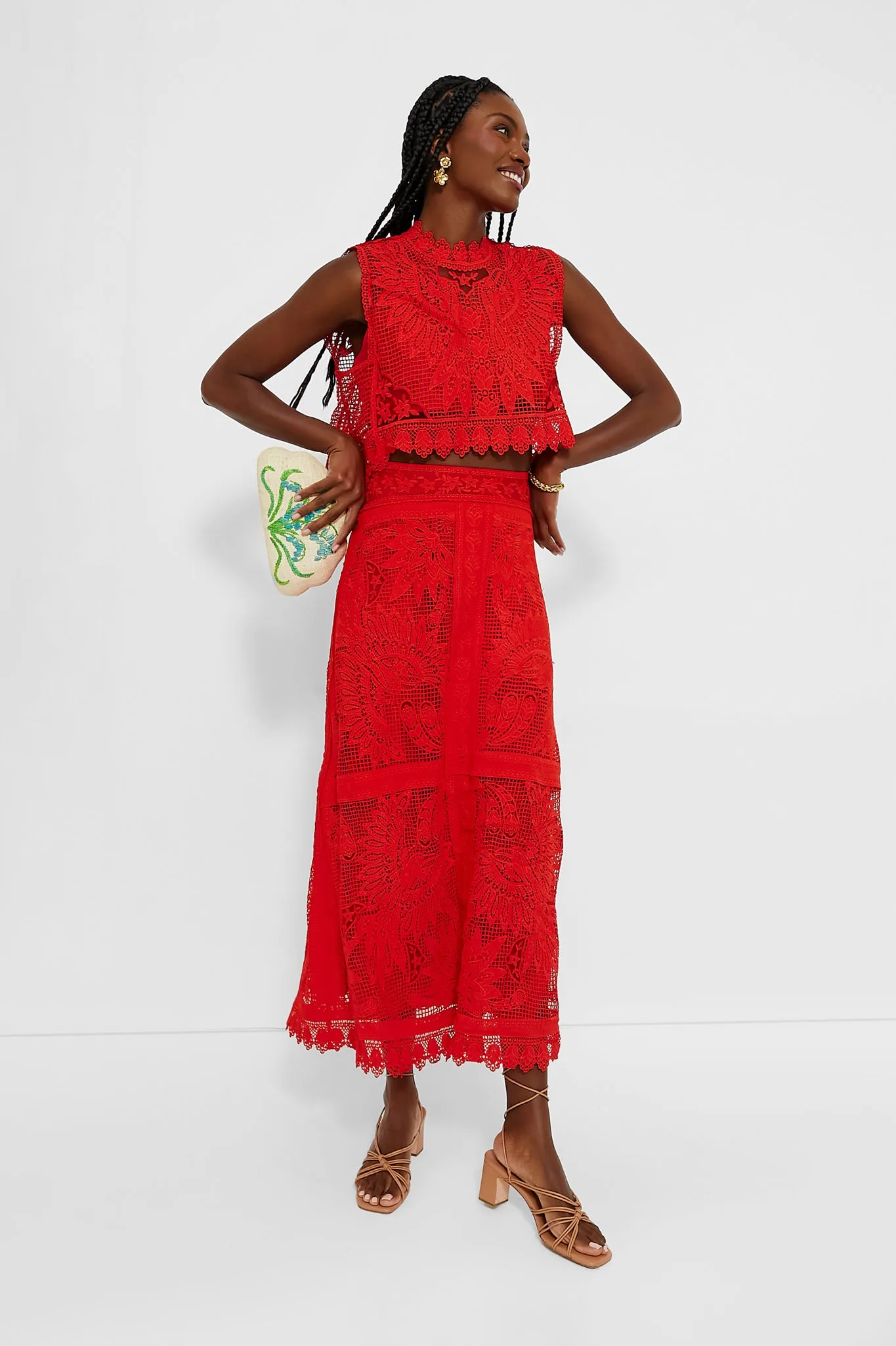 Red Toucan Guipure Midi Skirt