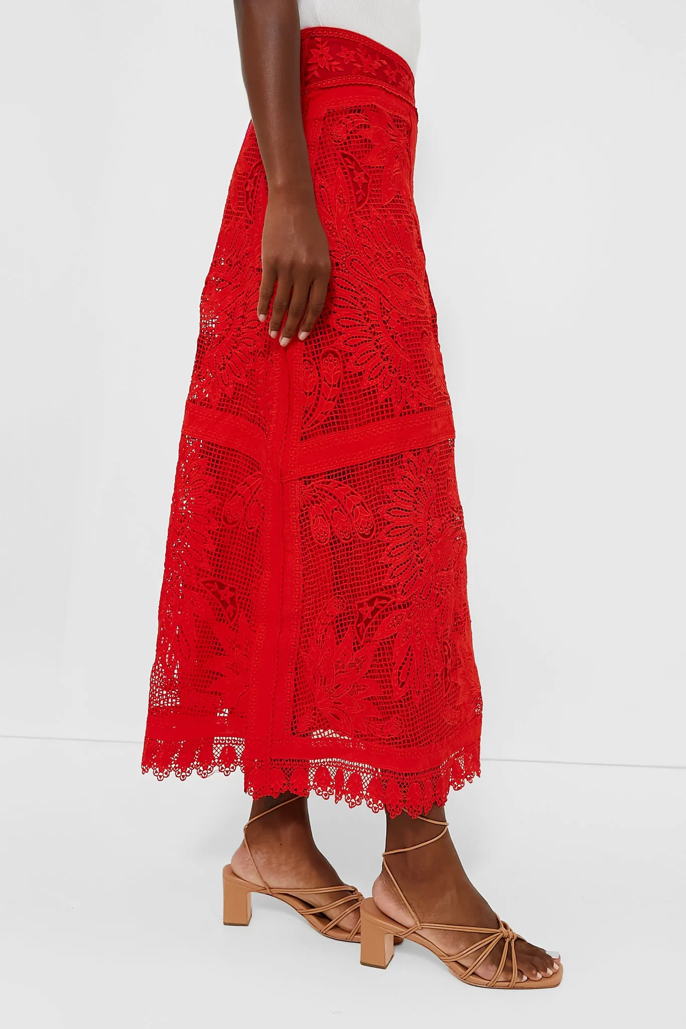 Red Toucan Guipure Midi Skirt