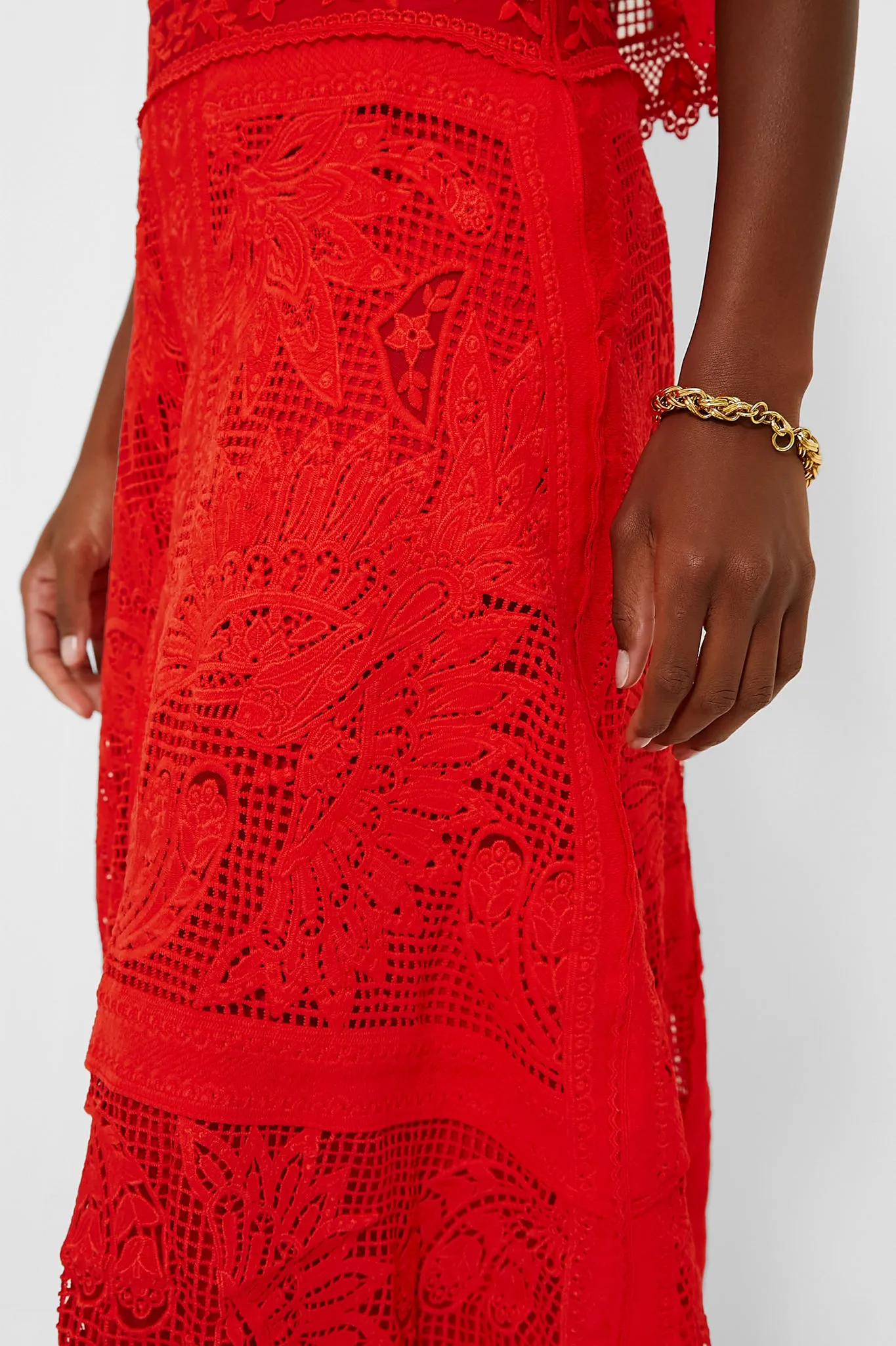 Red Toucan Guipure Midi Skirt