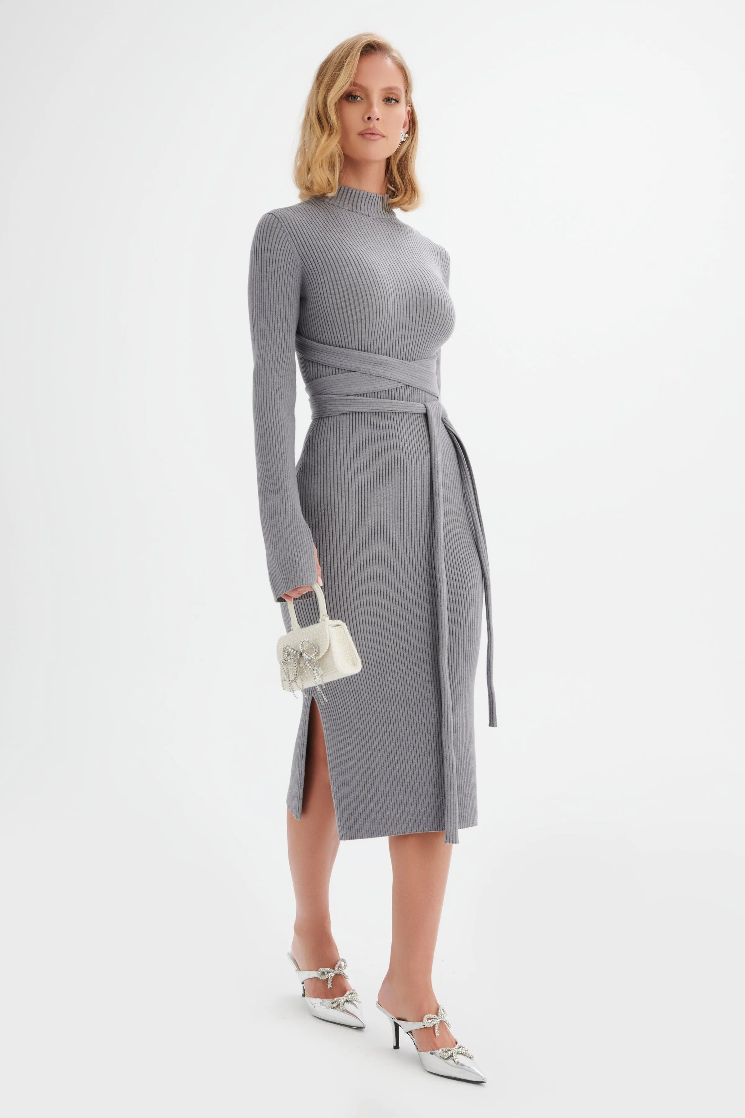 ROMI Knitted Ribbed Open Back Sleeved Midi Dress In Grey