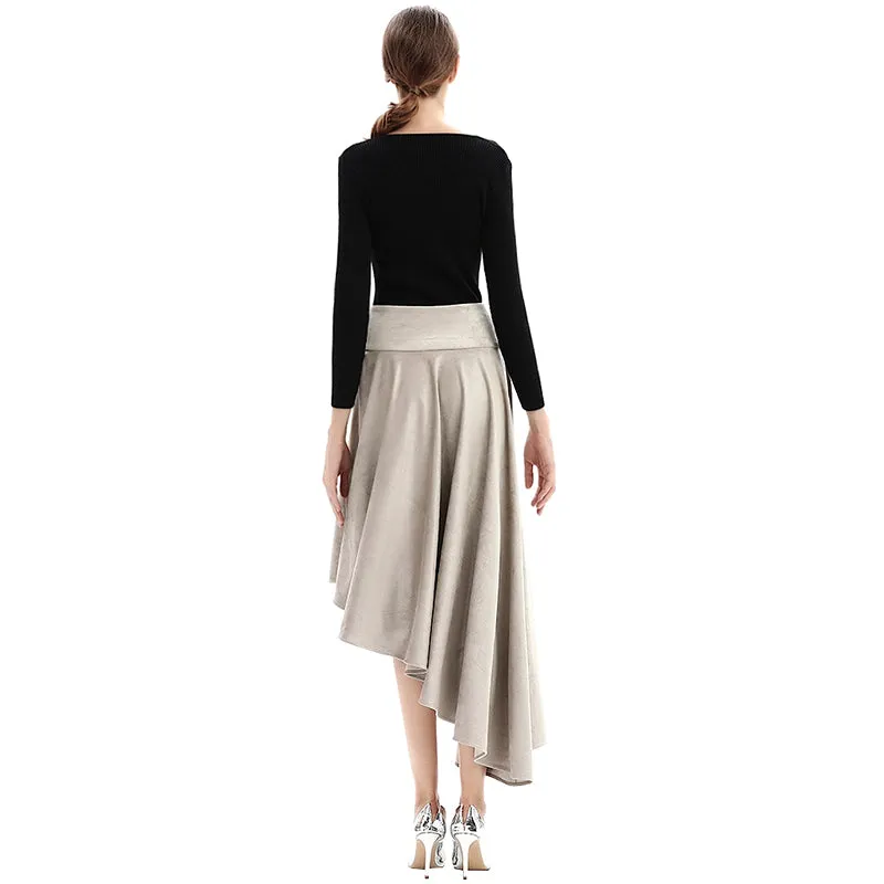 S145 Women faux suede wide waistband full circle high low asymmetric flare skirt