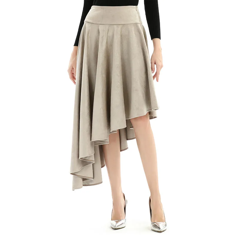 S145 Women faux suede wide waistband full circle high low asymmetric flare skirt